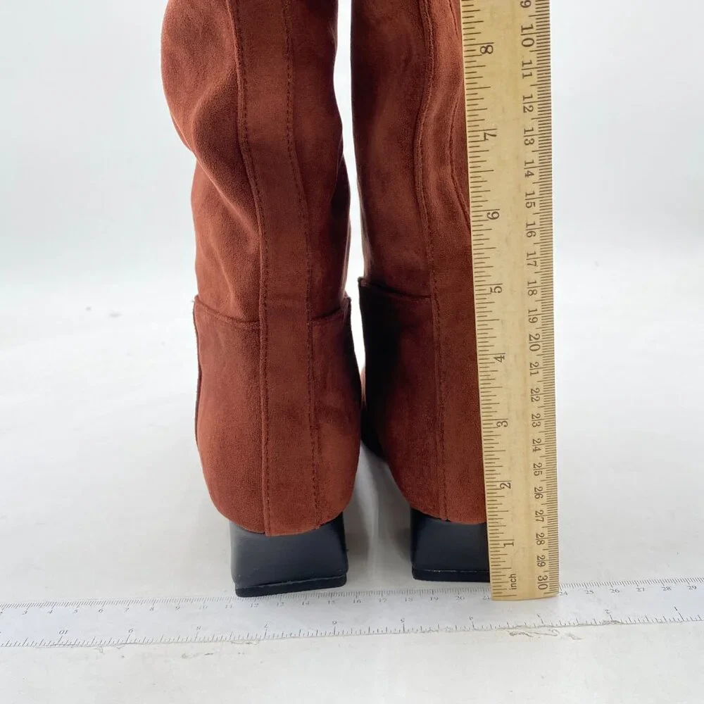 Brown Women Classic Over The Knee High Boots Square Toe Chunky Heel Long Booties